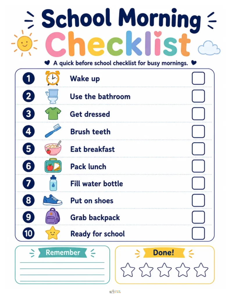 Free Daily Routine Chart For Kids To Make School Days Easier 5 Colorful school morning checklist printable with icons and tasks for kids' daily routine