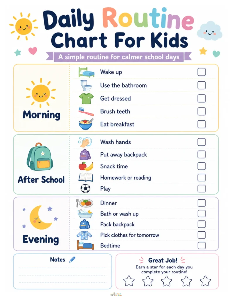Free Daily Routine Chart For Kids To Make School Days Easier 2 Printable kids daily routine chart with morning, after school, and evening tasks checklist and reward stars