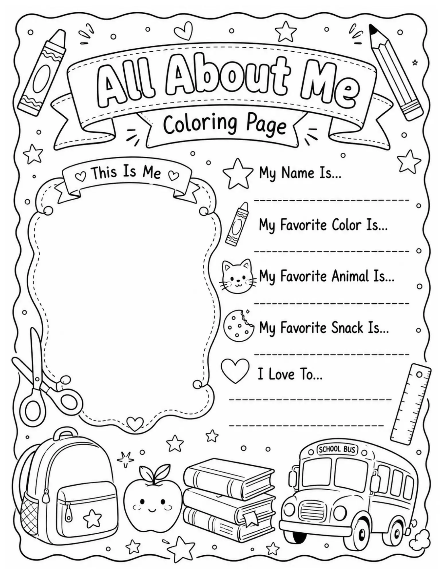 Free All About Me Worksheet Pack For Back To School 5 All About Me coloring page for kids, printable worksheet with prompts and cute school doodles.