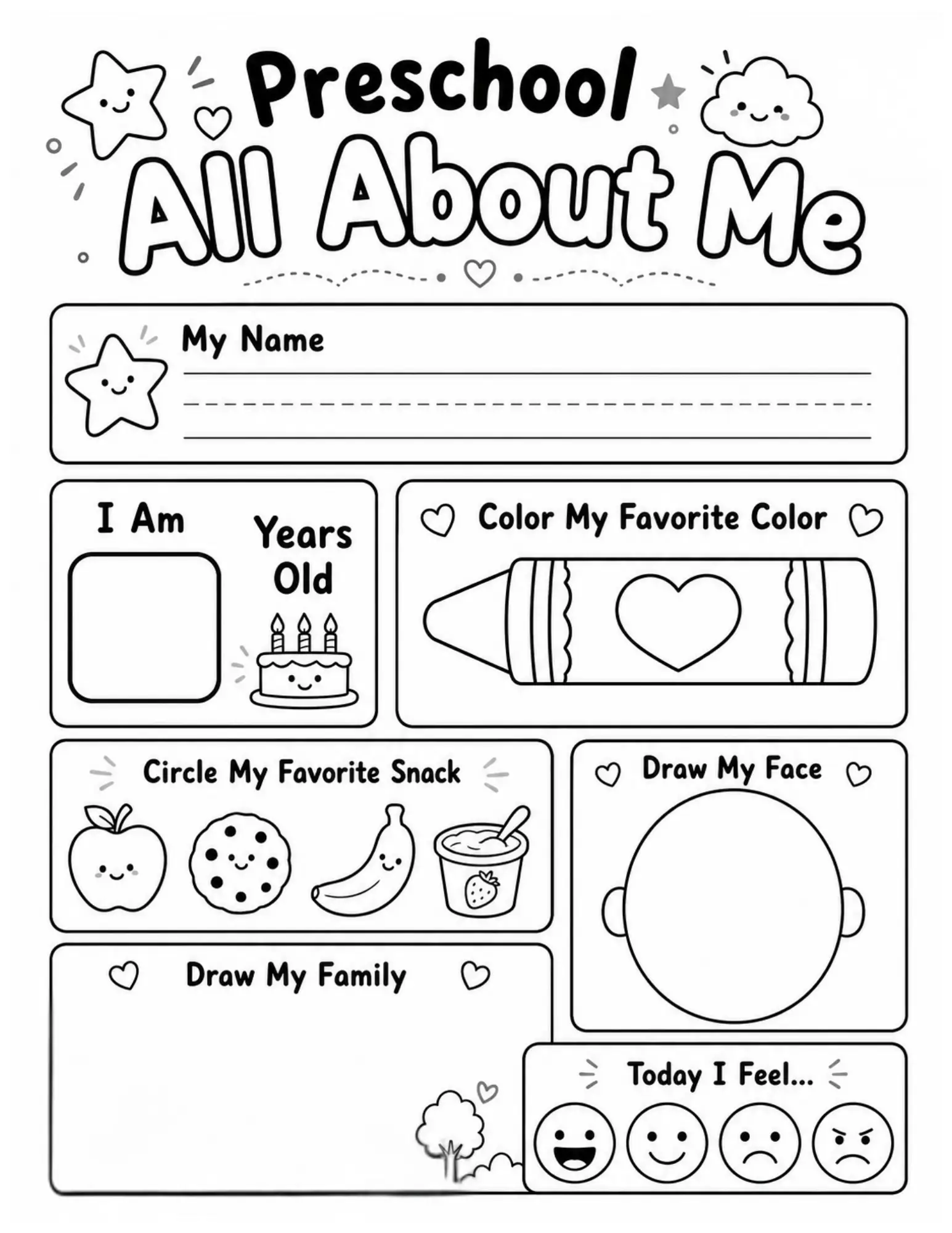 Free All About Me Worksheet Pack For Back To School 1 Preschool All About Me worksheet printable with spaces to write name, age, favorites, and feelings.