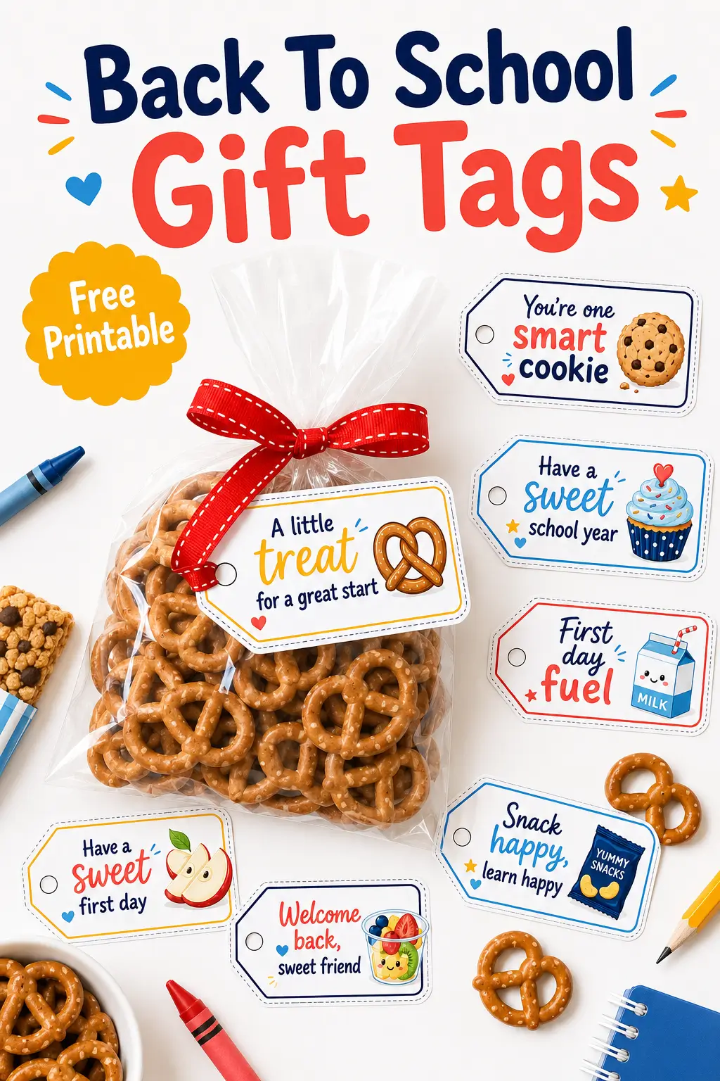 Back to school gift tags printable with snack-themed labels and a pretzel gift bag tied with a red ribbon