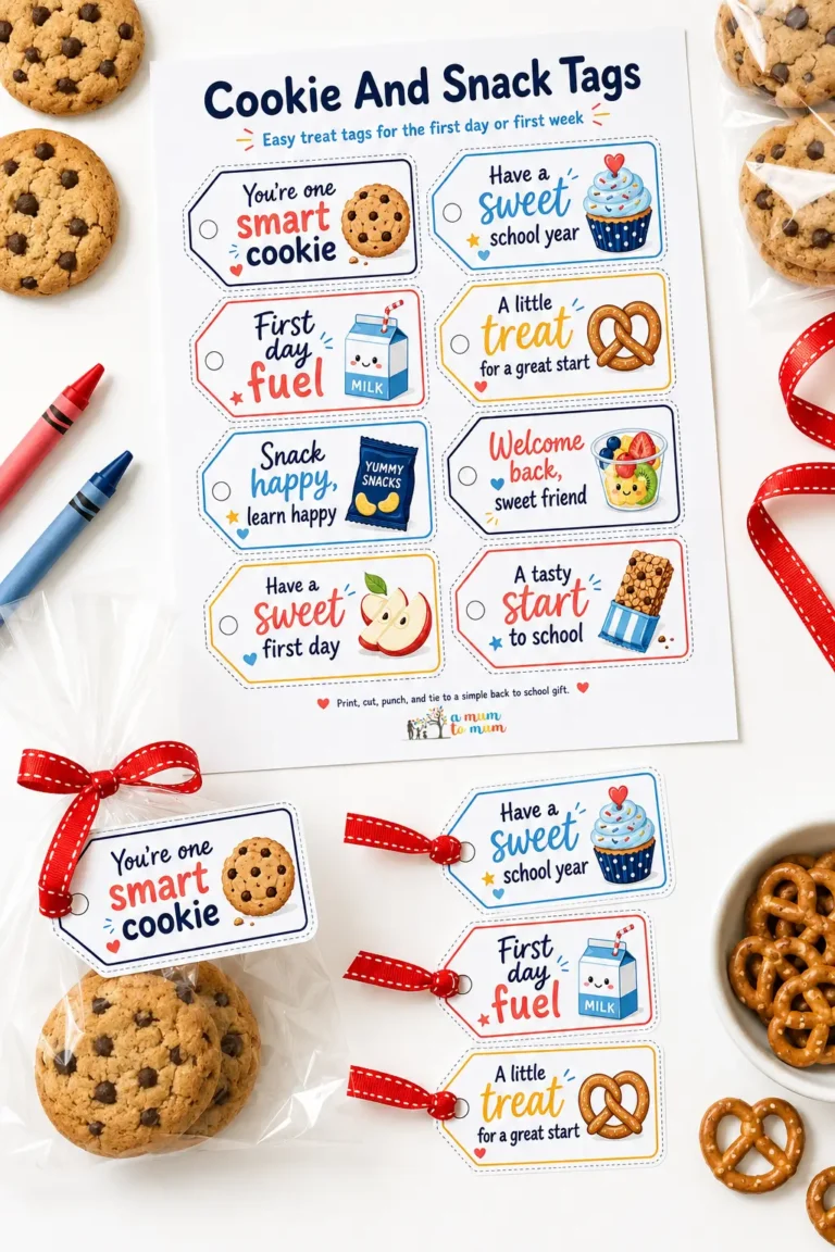 Printable back-to-school cookie and snack tags with cute designs, cookies, pretzels, and red ribbon.