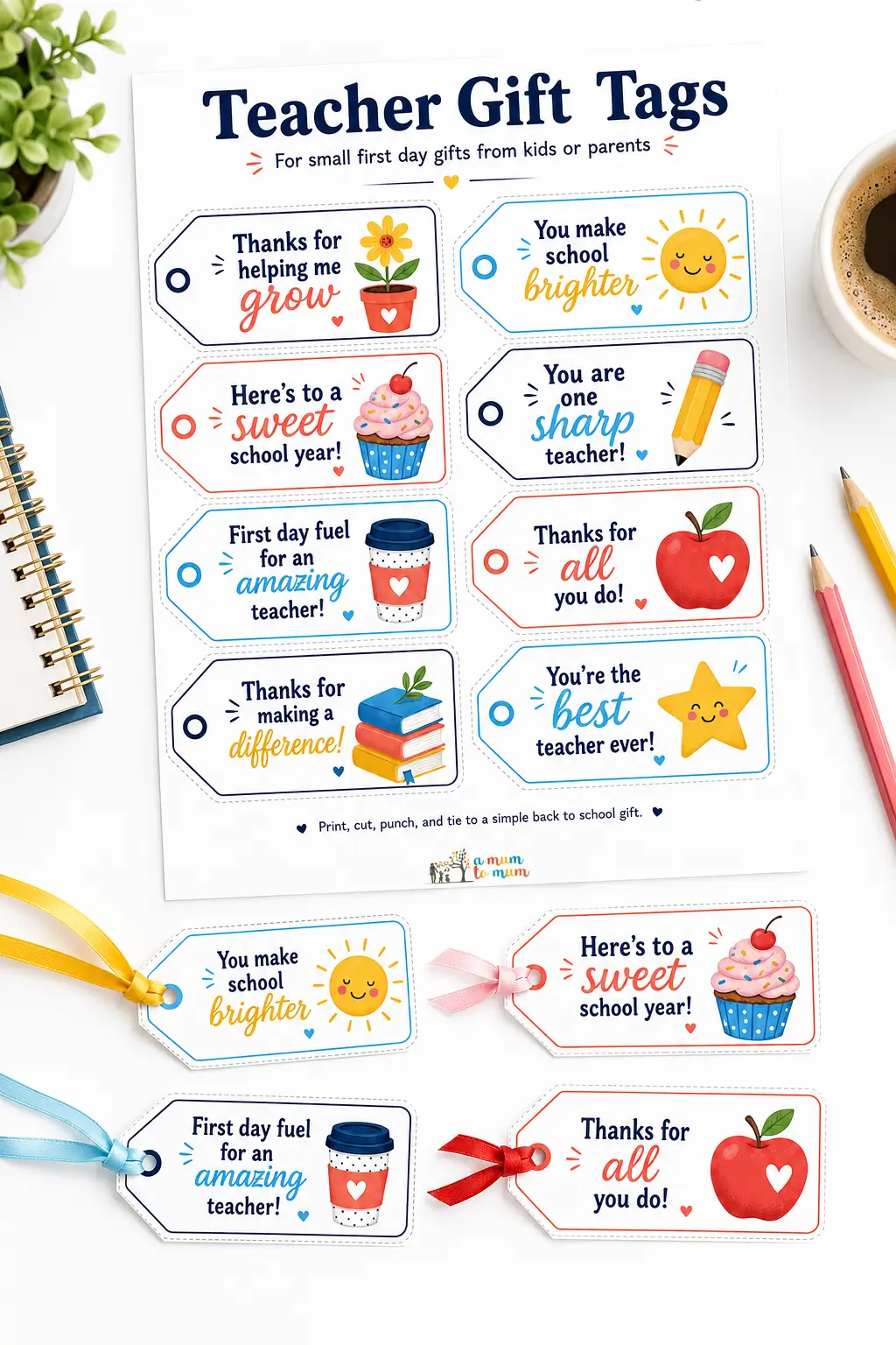 Printable teacher gift tags with cute icons and thank-you messages for back to school