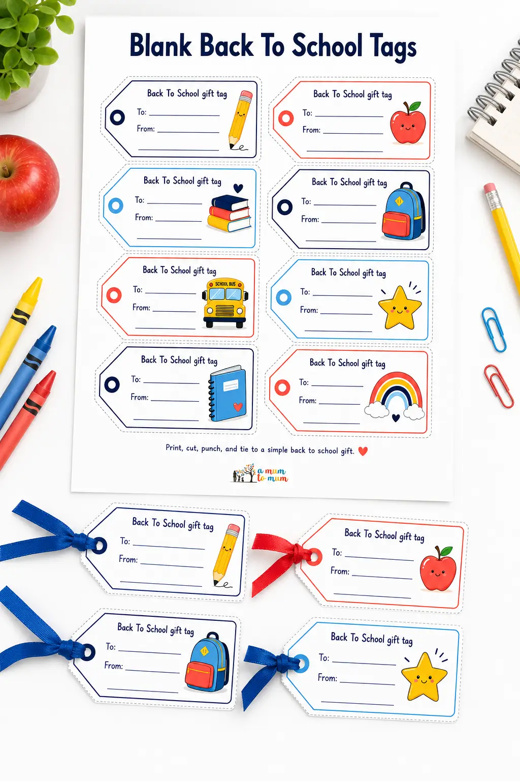 Printable Back to School gift tags template with cute icons: pencil, apple, bus, backpack, star, rainbow