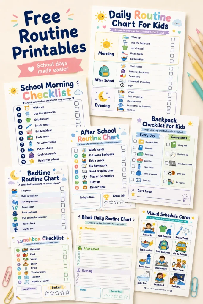 Free kids routine printables featuring daily, morning, after-school and bedtime checklists, backpack and lunchbox charts.