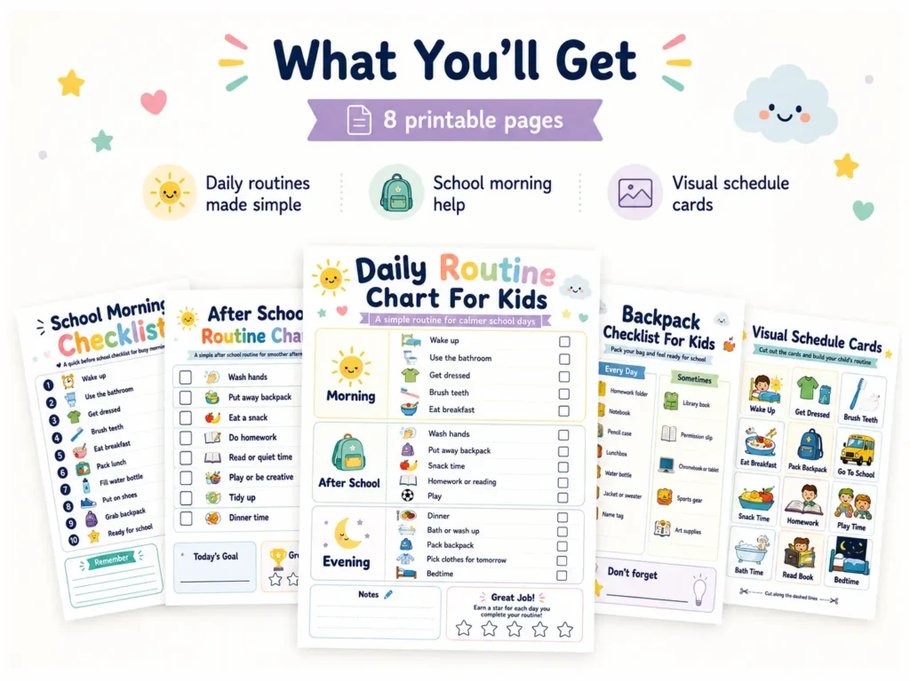 Free Daily Routine Chart For Kids To Make School Days Easier 1 Printable kids daily routine charts and school checklists with visual schedule cards