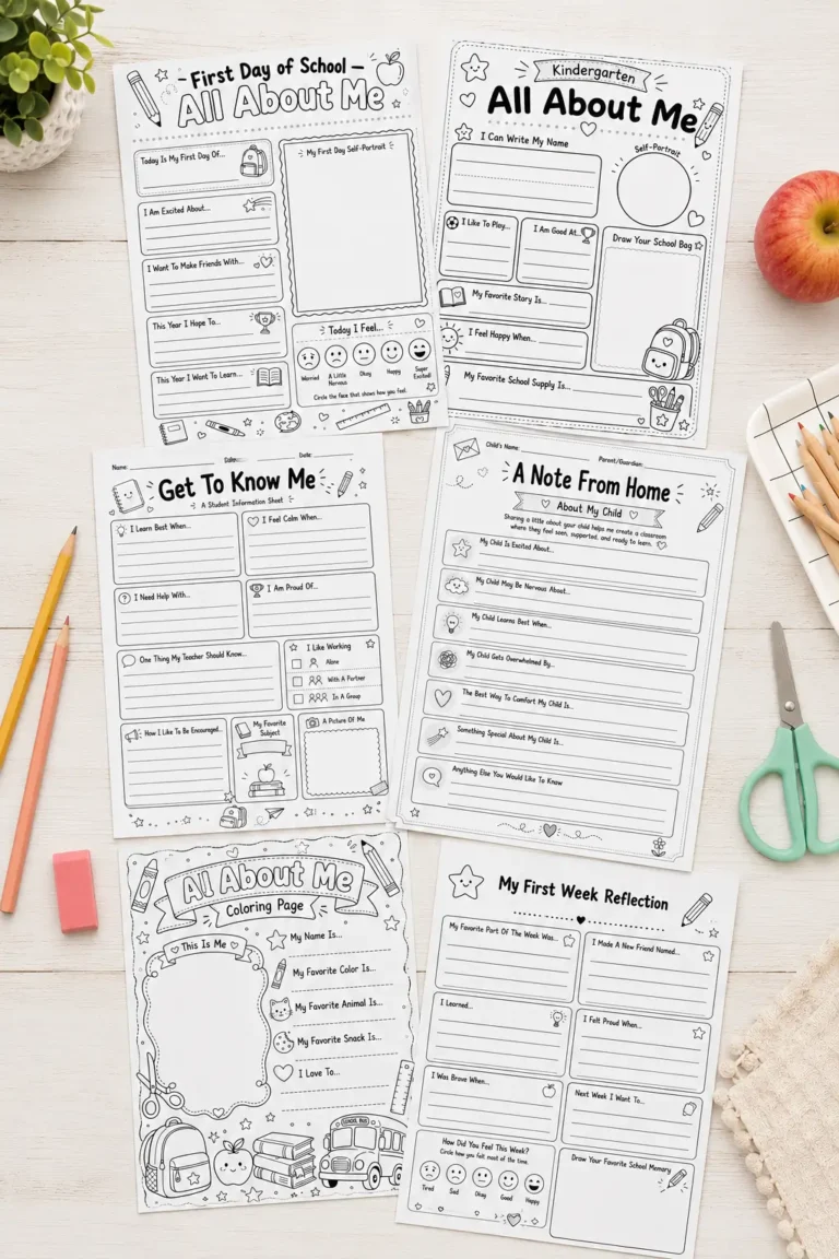 Set of All About Me, first day of school, and reflection worksheets spread on a desk with pencils and an apple