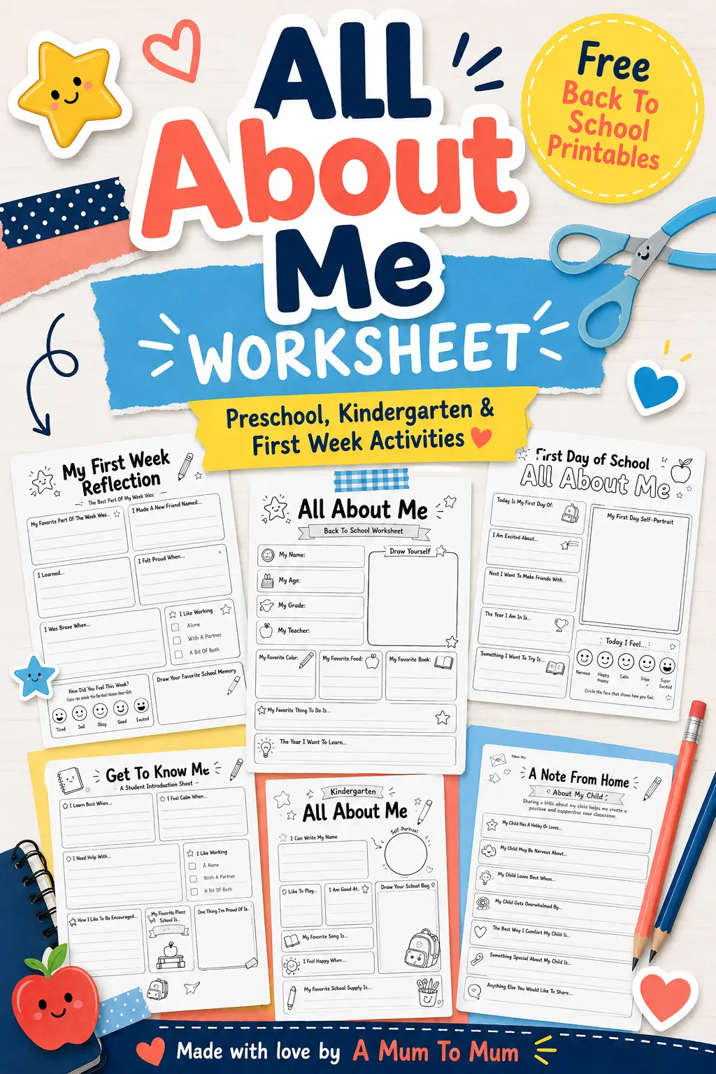 Free All About Me Worksheet Pack For Back To School 7 Free All About Me worksheets for preschool and kindergarten, first week of school printables