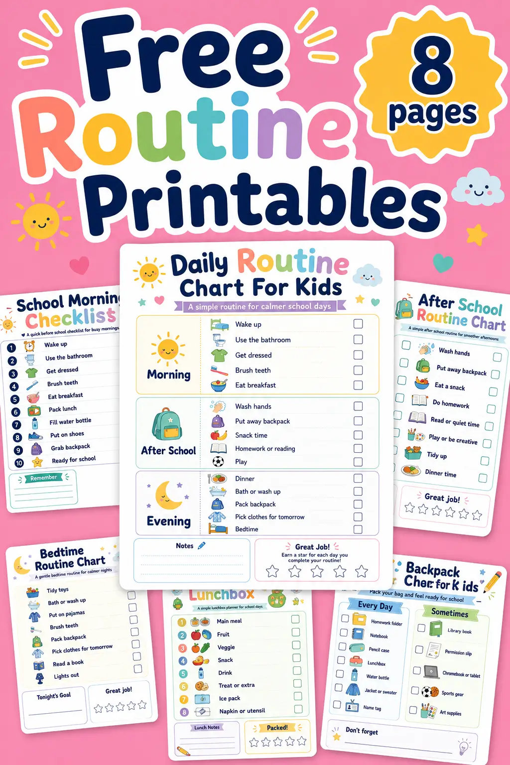 Free Daily Routine Chart For Kids To Make School Days Easier 10 Free routine printables for kids: daily schedule, after-school, bedtime, lunchbox and backpack checklists (8 pages)