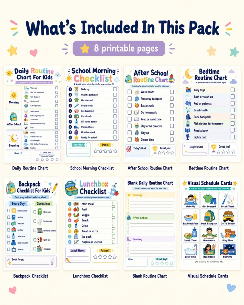 Free Daily Routine Chart For Kids To Make School Days Easier 6 Printable kids routine bundle: 8 daily charts and checklists for school mornings, after school, bedtime