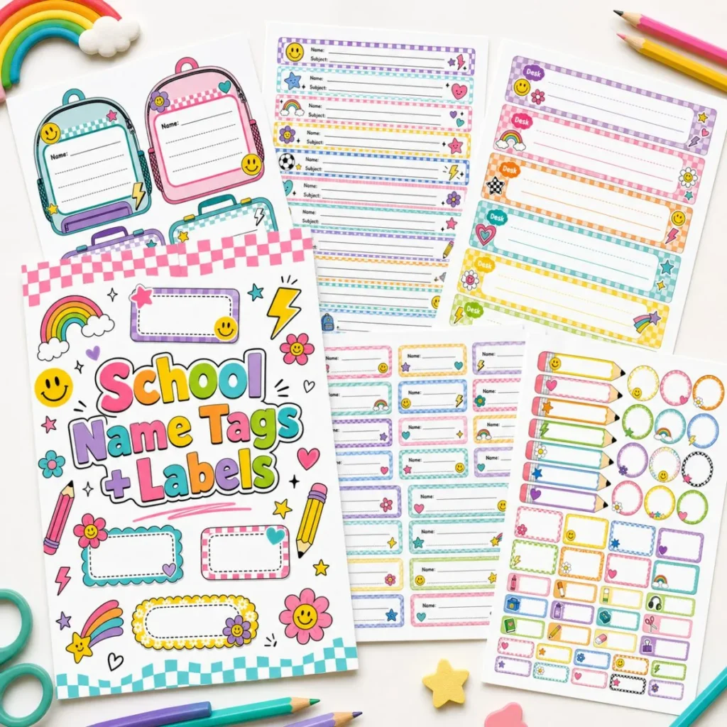 Printable school name tags and labels pack with colorful cover page and sheets of various label designs.