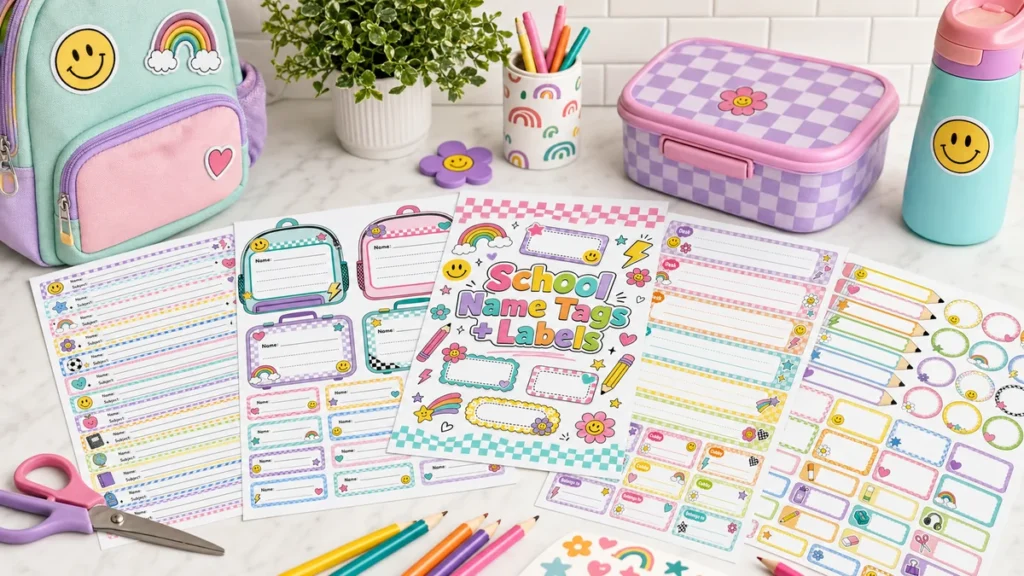 Free printable school name tags and labels arranged with school supplies.