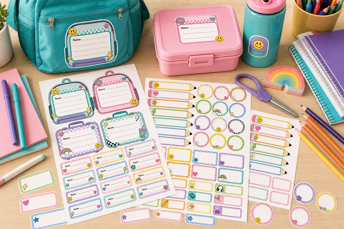 Printable school labels on a backpack, lunch box, water bottle, and school supplies.