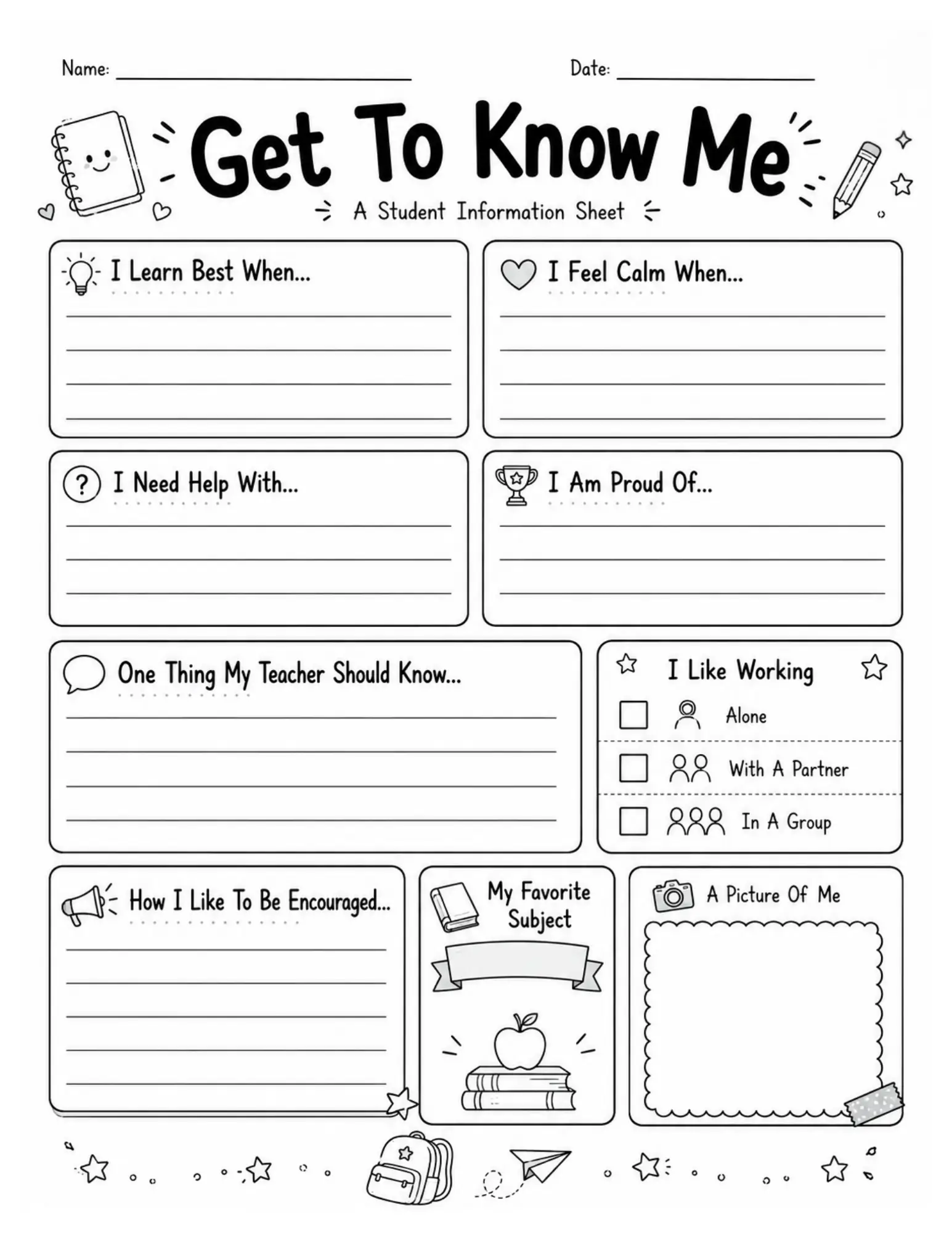 Free All About Me Worksheet Pack For Back To School 6 Get to Know Me student worksheet printable with prompts and checkboxes for back-to-school