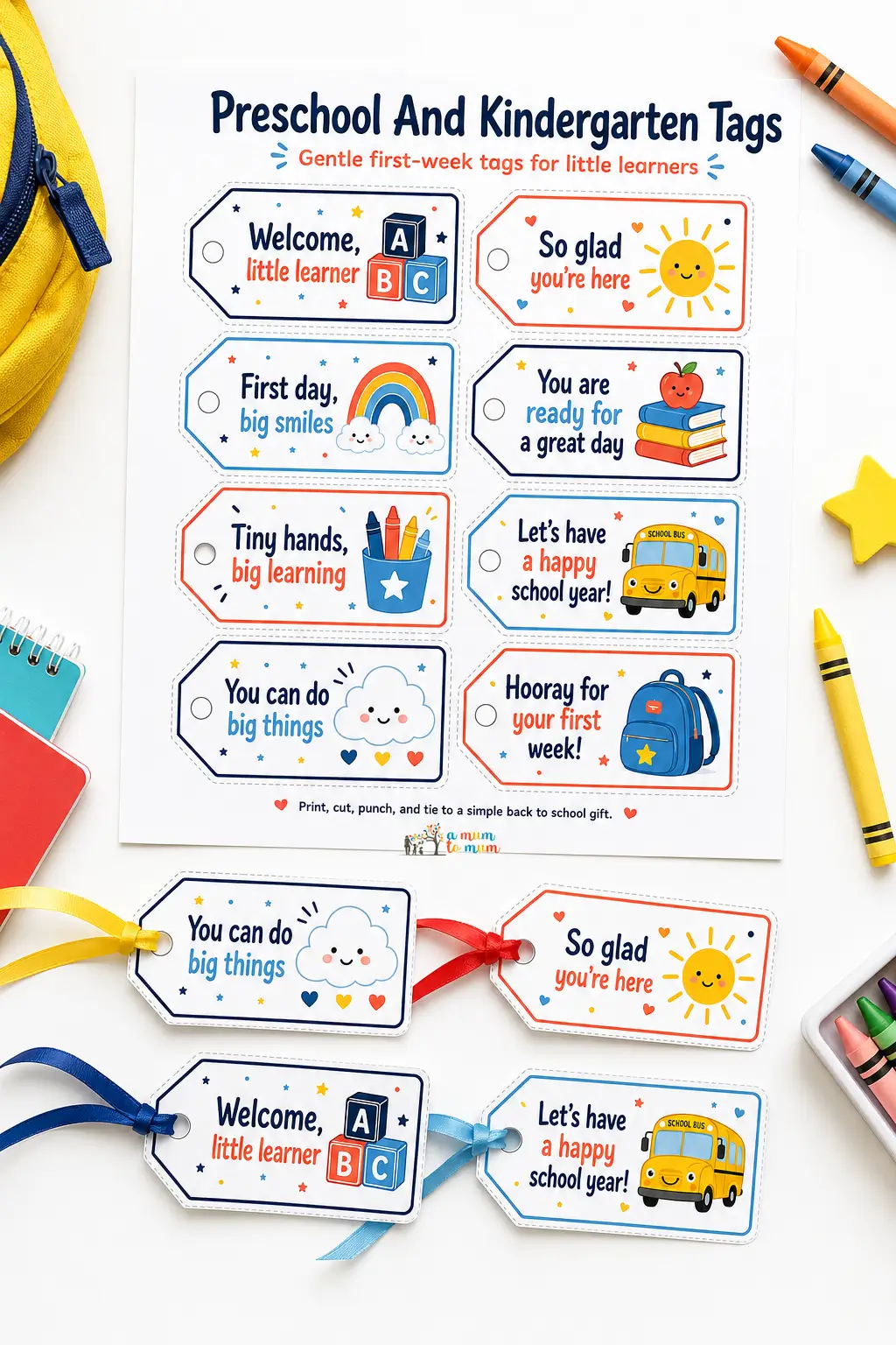 Printable preschool and kindergarten first-week tags with cute bus, sun, rainbow, and cloud illustrations