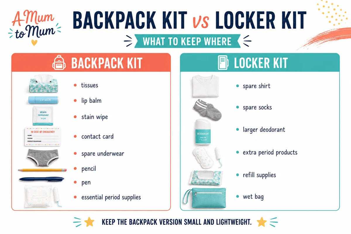 Comparison of what to keep in a backpack emergency pouch and what to keep in a locker kit.