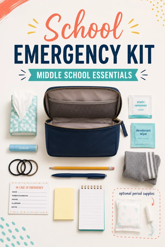 School emergency kit essentials arranged around an open pouch.