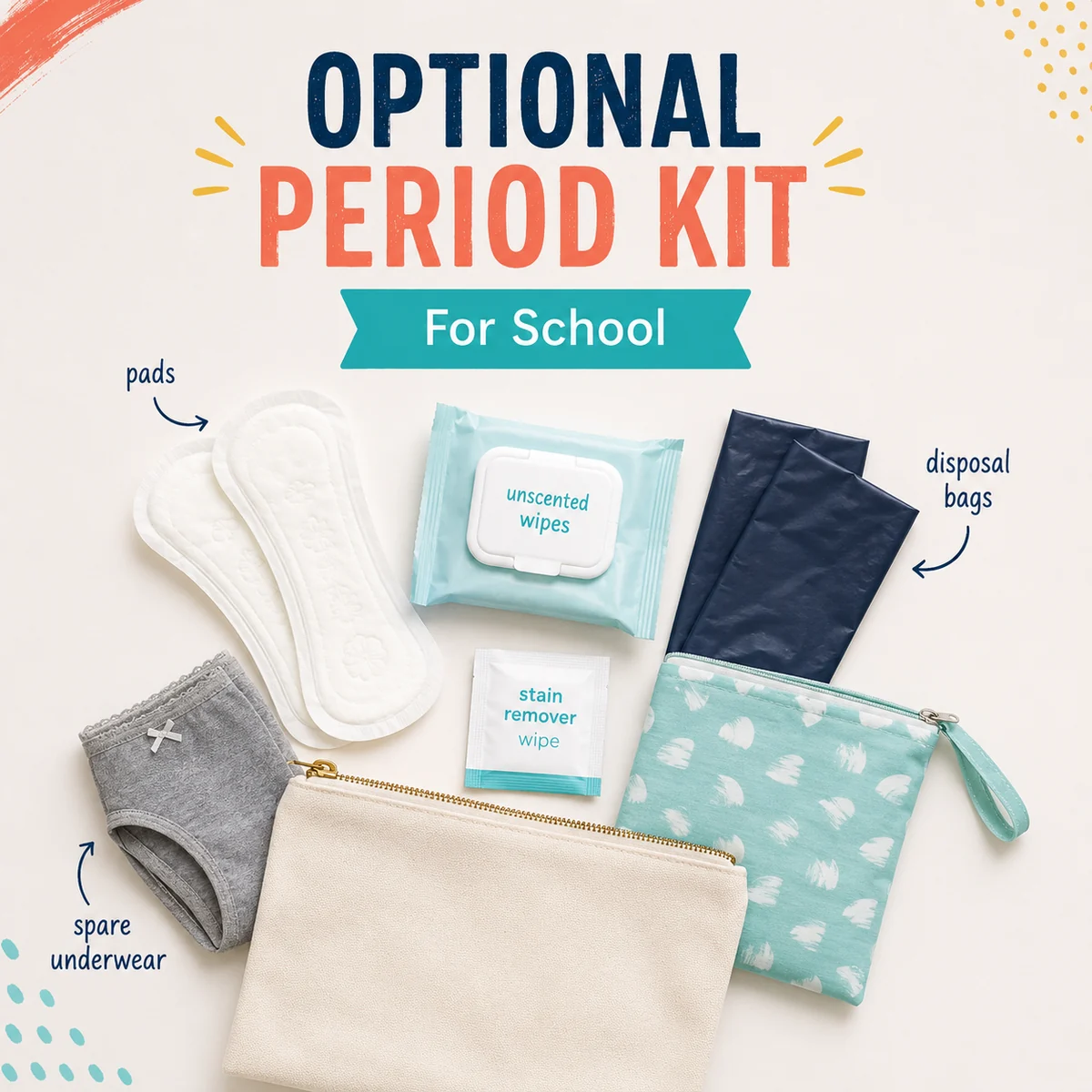 Optional period kit for school with pads, wipes, disposal bags, spare underwear and a pouch.