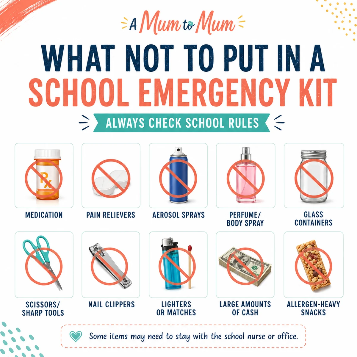 Items to check school rules for before packing in a school emergency kit.