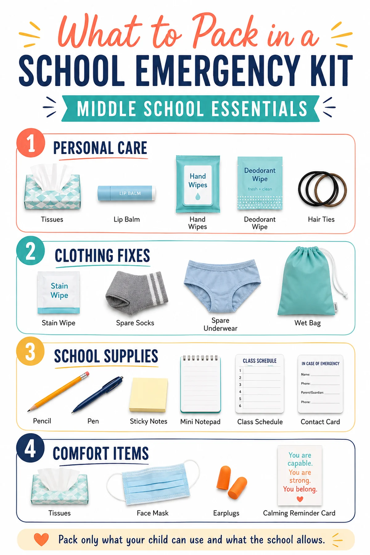 Middle school emergency kit essentials divided into personal care, clothing fixes, school supplies and comfort items.