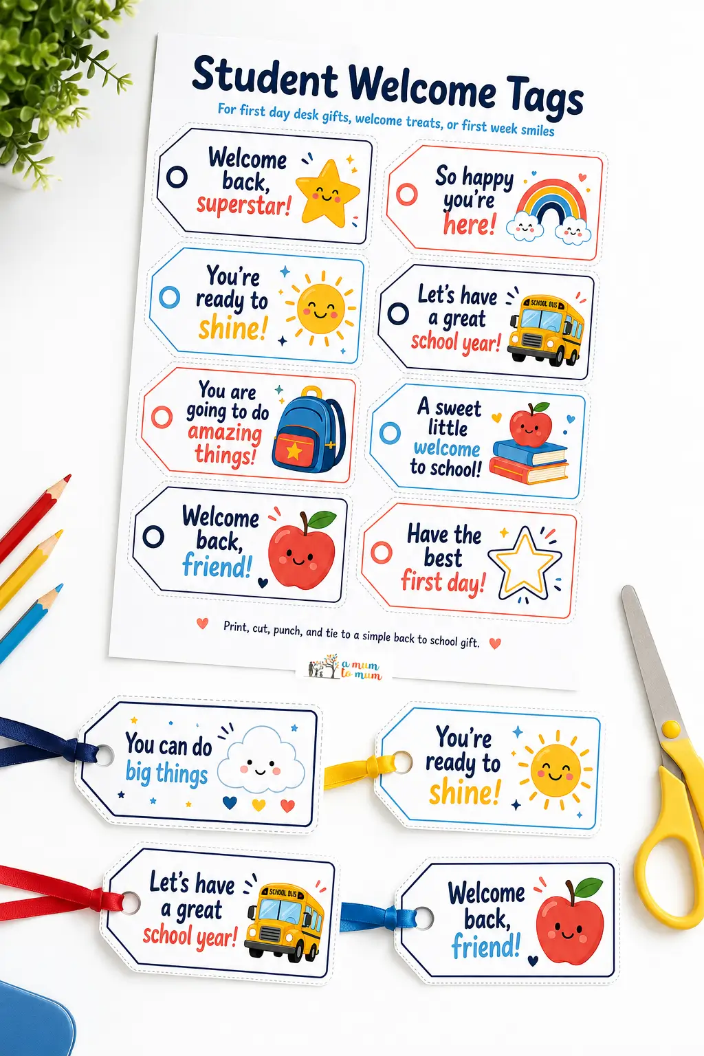 Printable student welcome tags for back-to-school gifts featuring cute icons like stars, apples, sun, and bus.