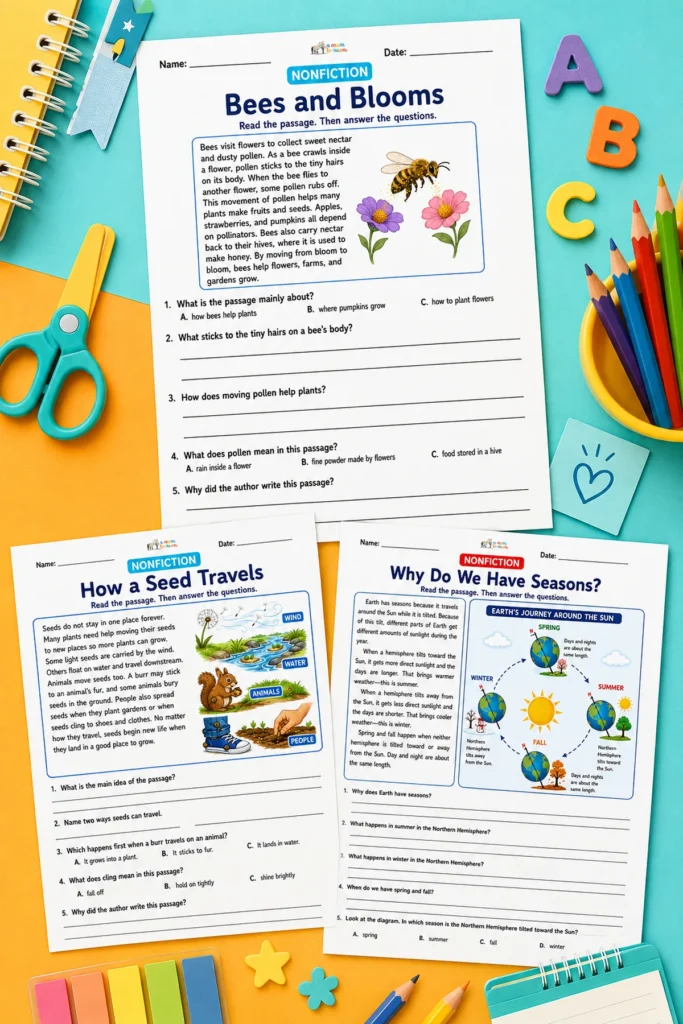 Preview of 2nd grade reading comprehension worksheets with bees, seeds, and seasons passages.
