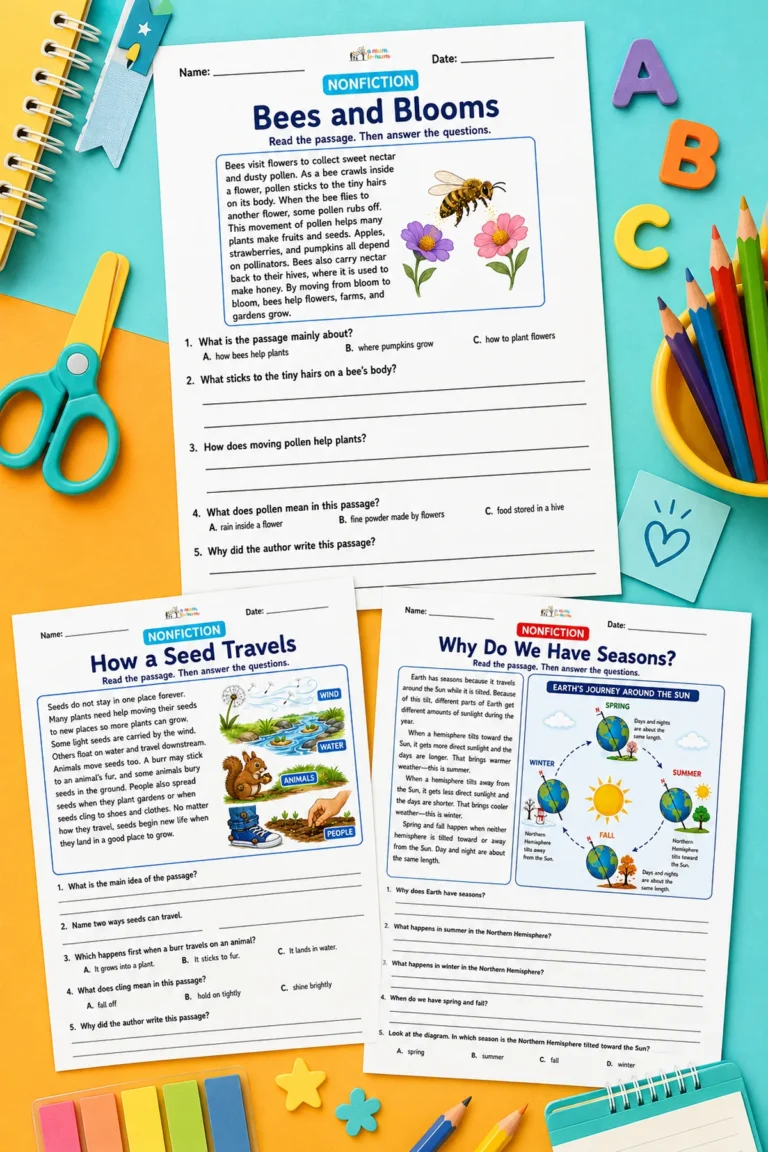 Preview of 2nd grade reading comprehension worksheets with bees, seeds, and seasons passages.