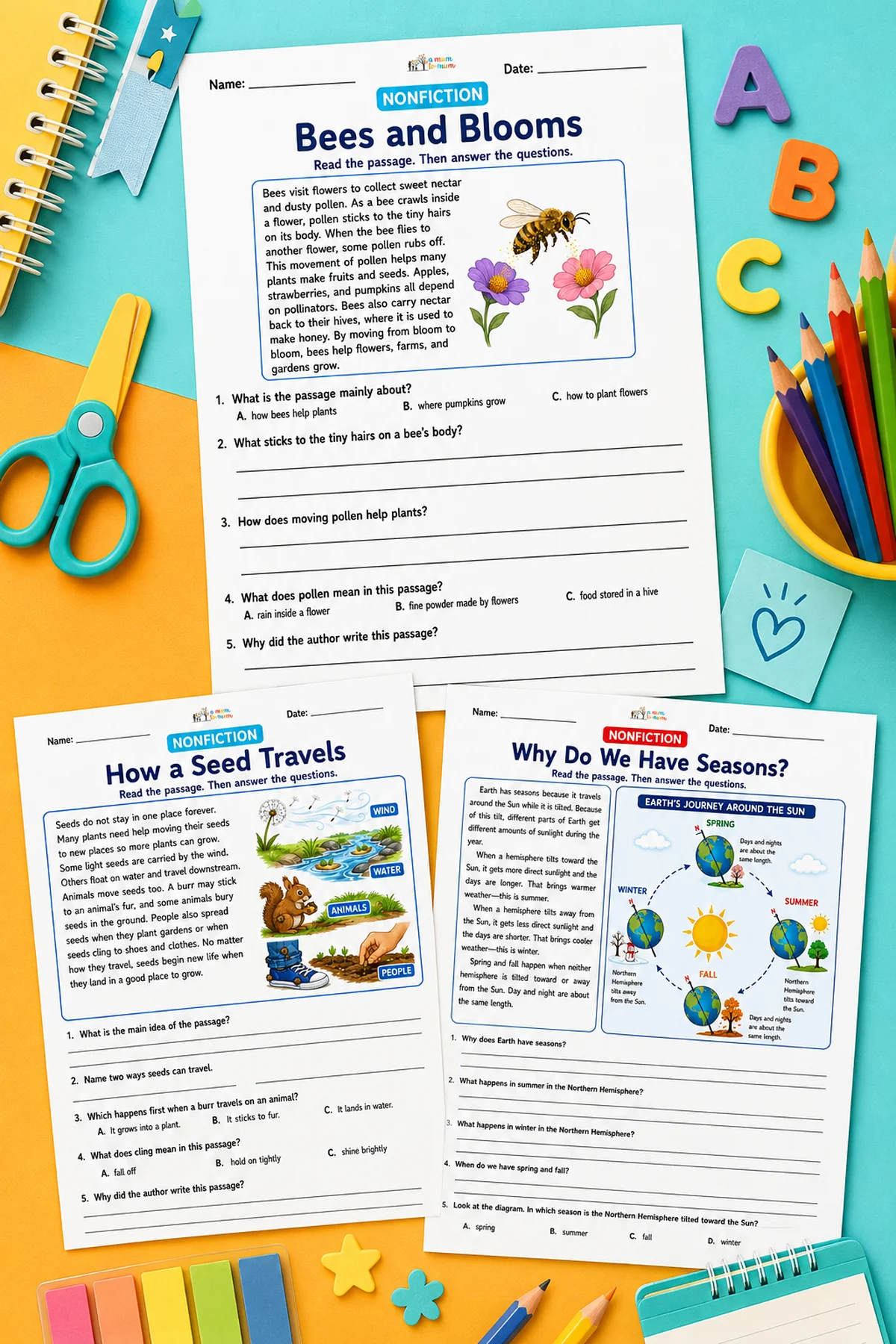 Free 2nd Grade Reading Comprehension Worksheets: 10 Printable Passages 1 Preview of 2nd grade reading comprehension worksheets with bees, seeds, and seasons passages.