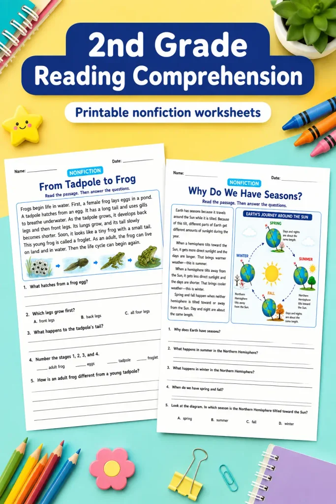 Free 2nd Grade Reading Comprehension Worksheets: 10 Printable Passages 5 2nd grade reading comprehension printable nonfiction worksheets with frog life cycle and seasons, school supplies
