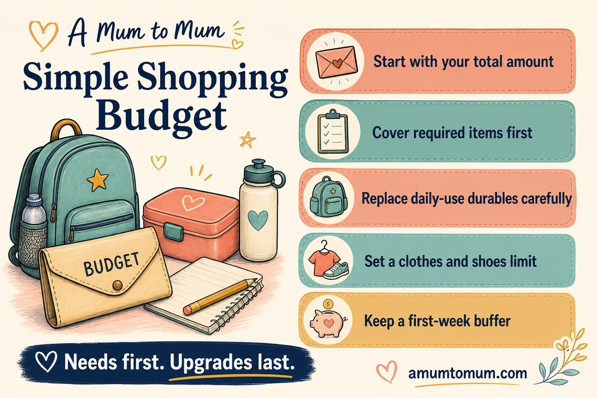 Back-to-school shopping budget infographic with required items, durable replacements and first-week buffer.