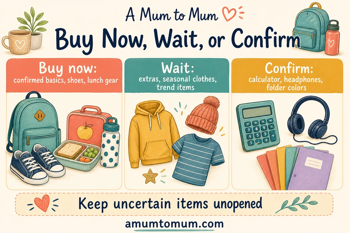Back-to-school shopping infographic showing what to buy now, wait on, and confirm first.