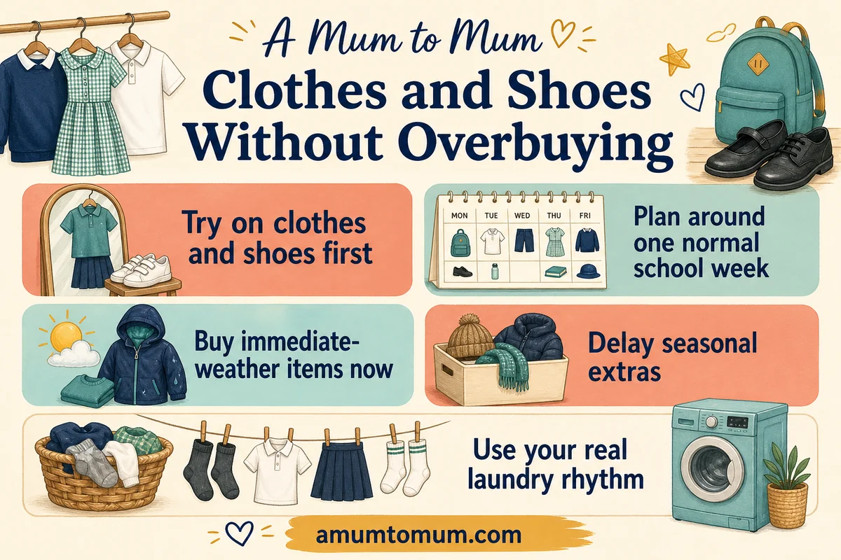 Back-to-school shopping infographic for checking clothes and shoes before buying more.