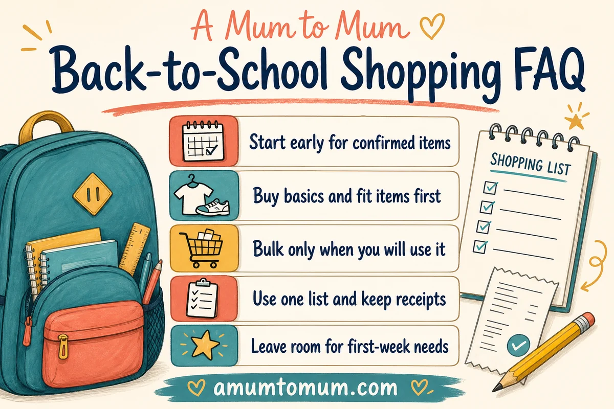 Back-to-school shopping FAQ infographic with quick parent answers.