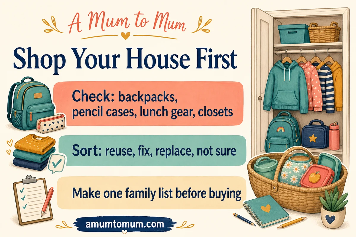 Back-to-school shopping infographic reminding parents to check home supplies first.