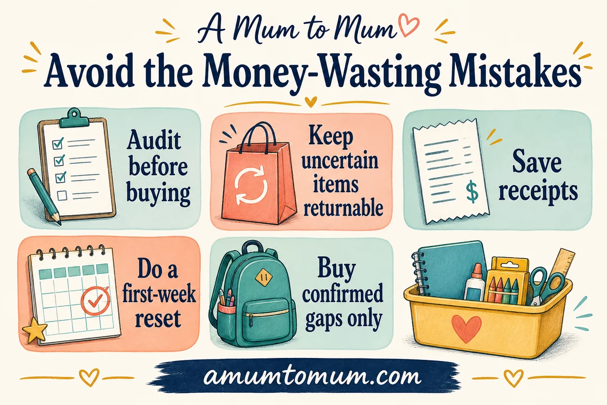 Back-to-school shopping infographic for avoiding money-wasting mistakes and doing a first-week reset.