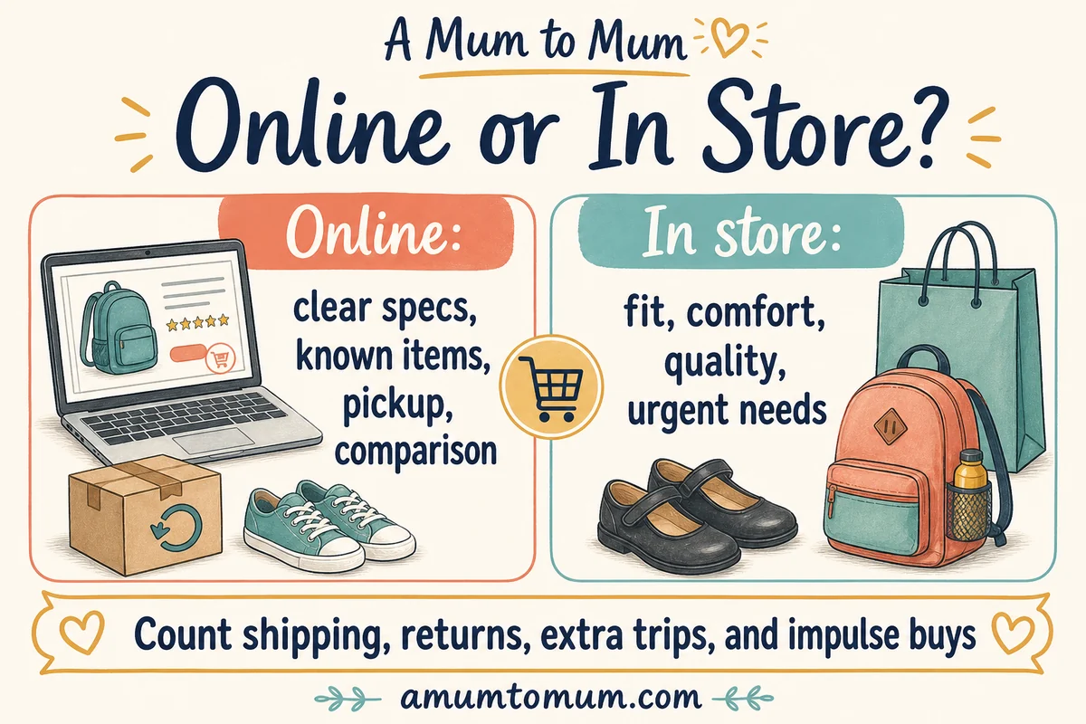 Back-to-school shopping infographic comparing online and in-store shopping choices.