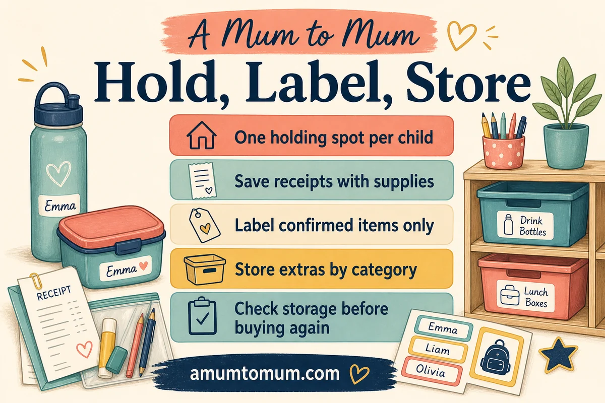 Back-to-school shopping infographic for holding, labeling and storing school purchases.