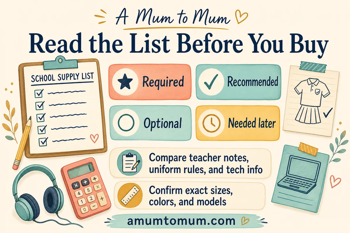 Back-to-school shopping infographic for reading required, recommended and optional school supplies.