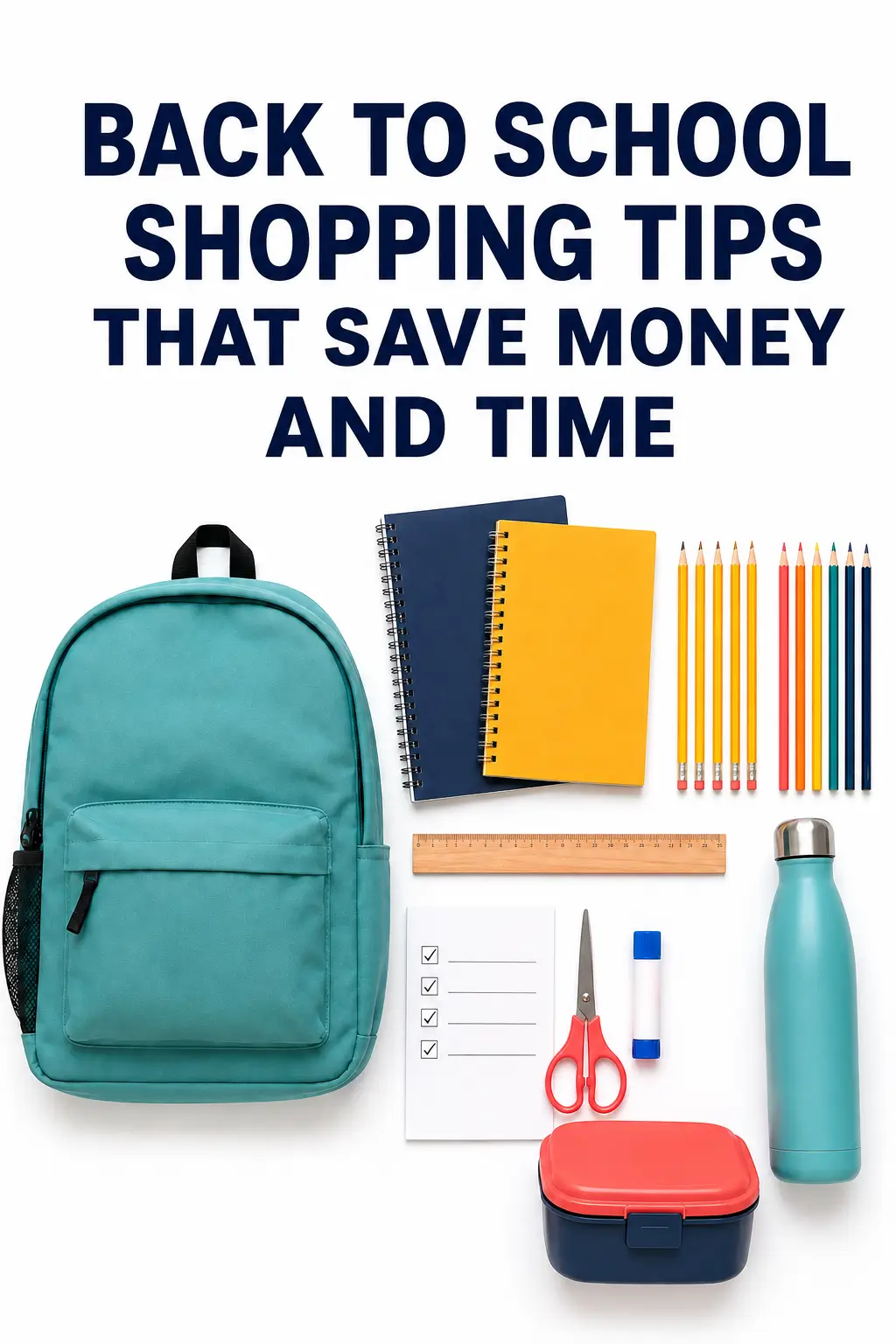 Back to school shopping tips text with flat lay of supplies: backpack, notebooks, pencils, ruler, lunchbox, bottle