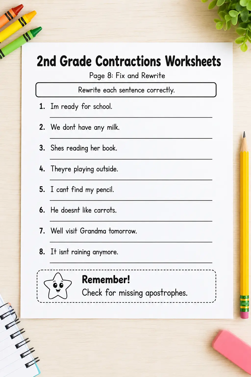 Free 2nd Grade Contractions Worksheets 4 2nd grade contractions worksheet: rewrite sentences correctly by adding apostrophes