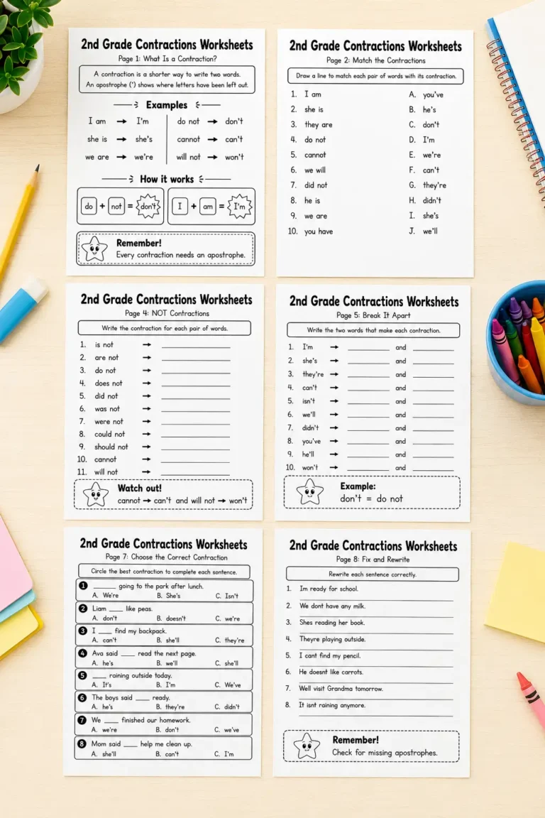 Printable 2nd grade contractions worksheets set on a desk with crayons and school supplies
