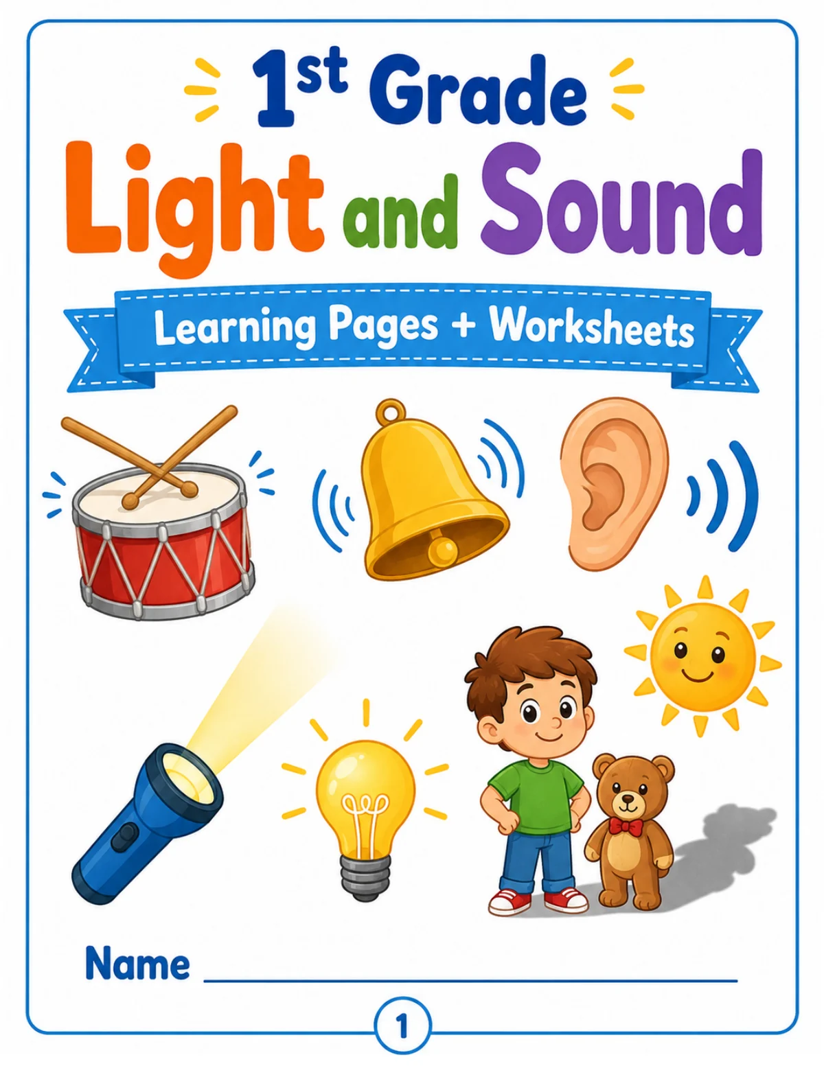 Cover page for the free 1st grade light and sound worksheets packet.