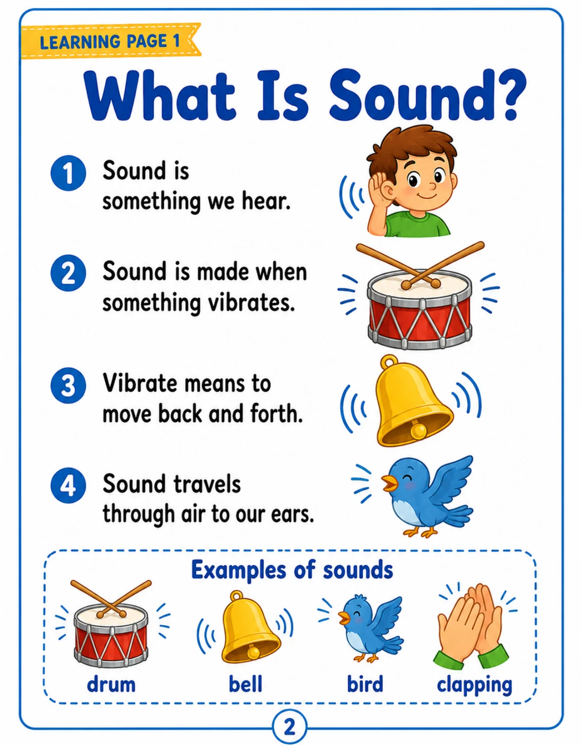 Free 1st Grade Light and Sound Worksheets 3 First grade science learning page explaining sound, vibrations, and examples of sounds.