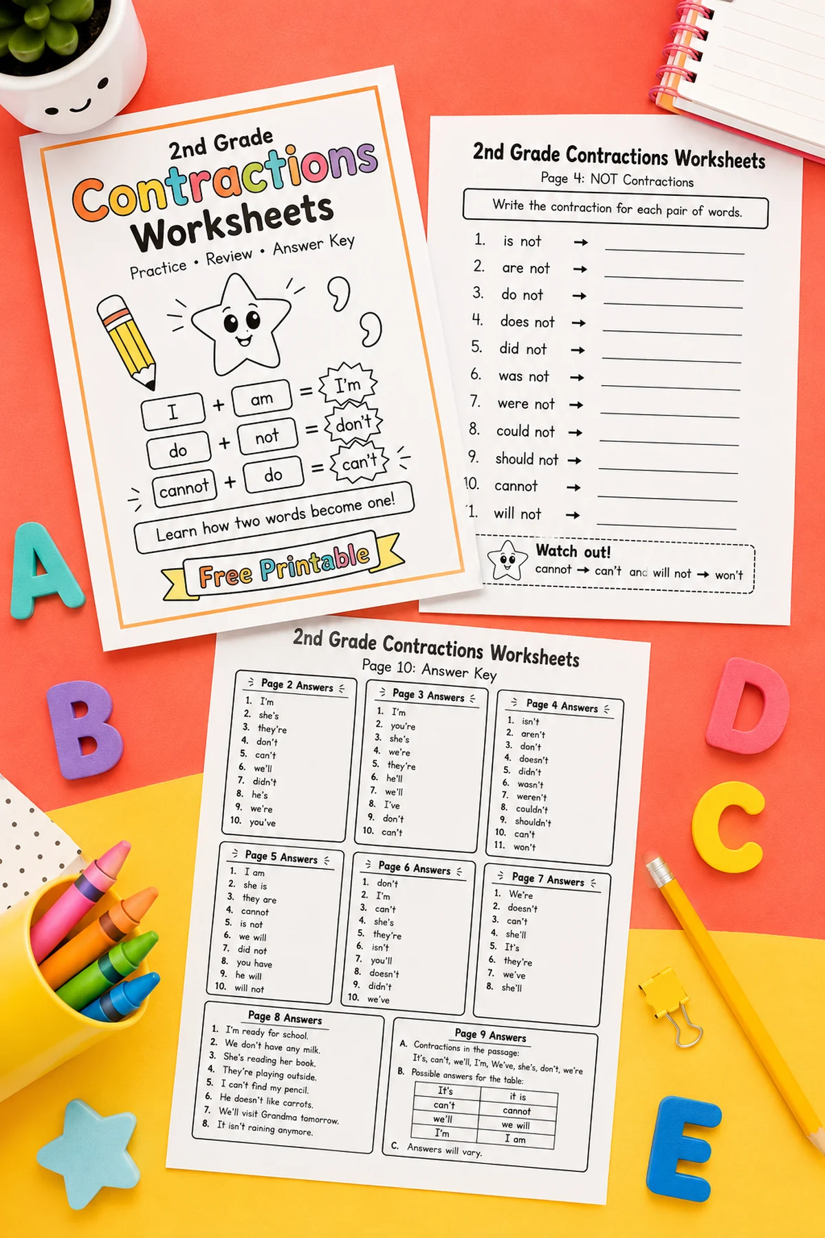 Free 2nd Grade Contractions Worksheets 3 Preview of the 2nd grade contractions worksheets pack with a not contractions page and answer key.