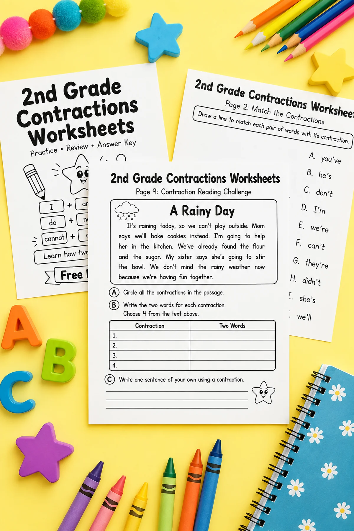 Free 2nd Grade Contractions Worksheets 1 Free 2nd grade contractions worksheets displayed with pencils, crayons, and school supplies.