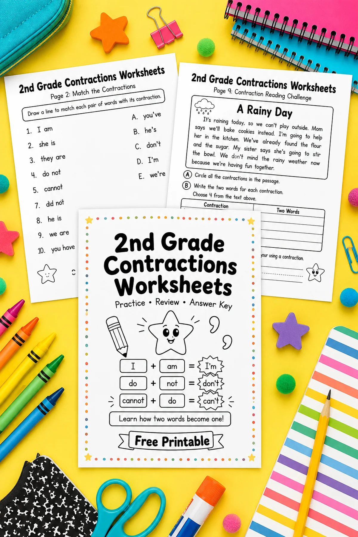 Free 2nd Grade Contractions Worksheets 2 Preview of 2nd grade contractions worksheet pages with matching and reading activities.
