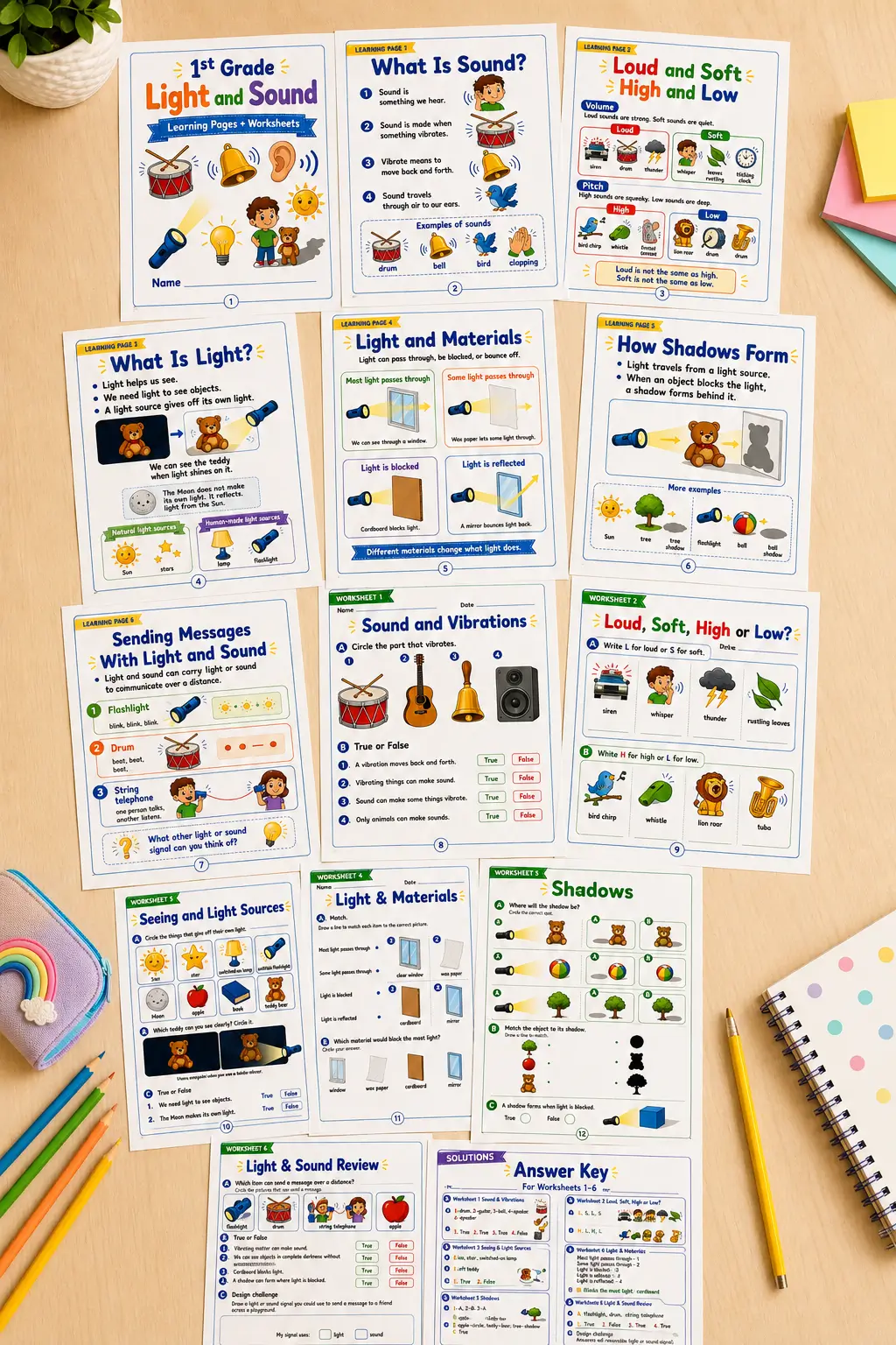 Free 1st Grade Light and Sound Worksheets 1 1st grade light and sound science worksheets arranged on a desk with pencils and notebook