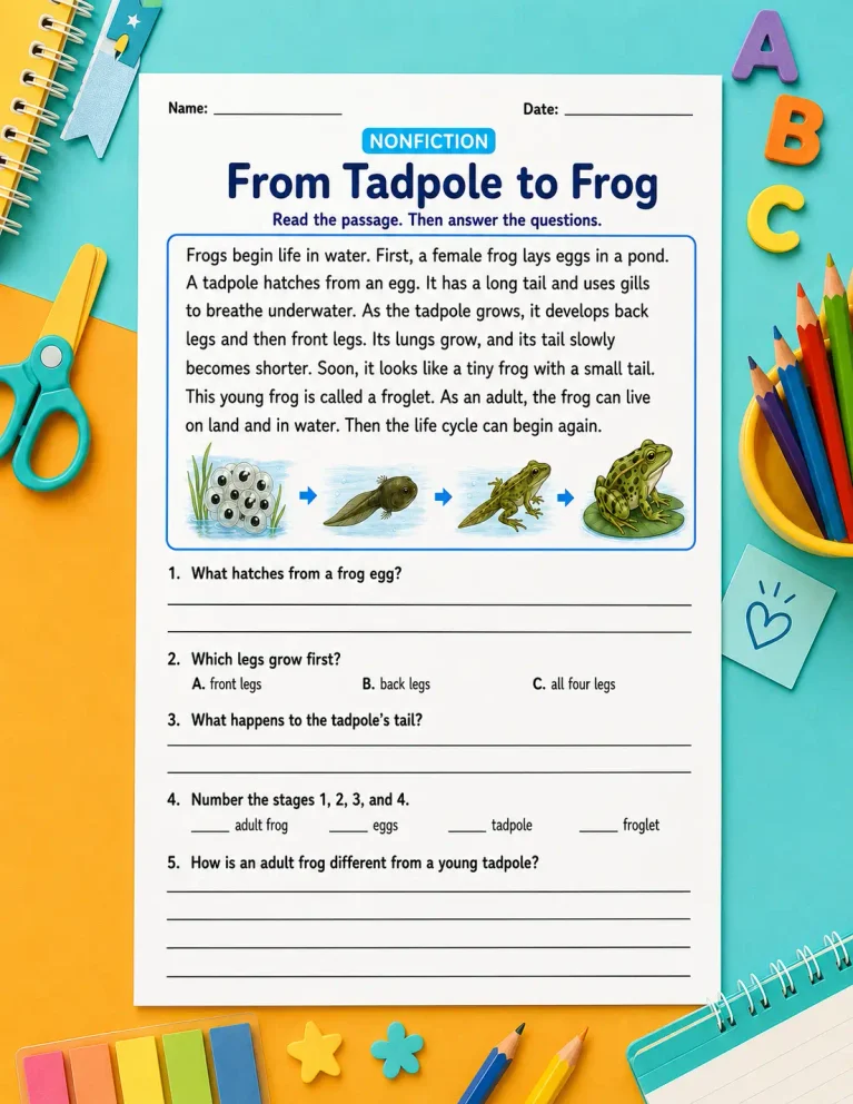 Elementary worksheet: From Tadpole to Frog reading passage with lifecycle images, questions, and school supplies