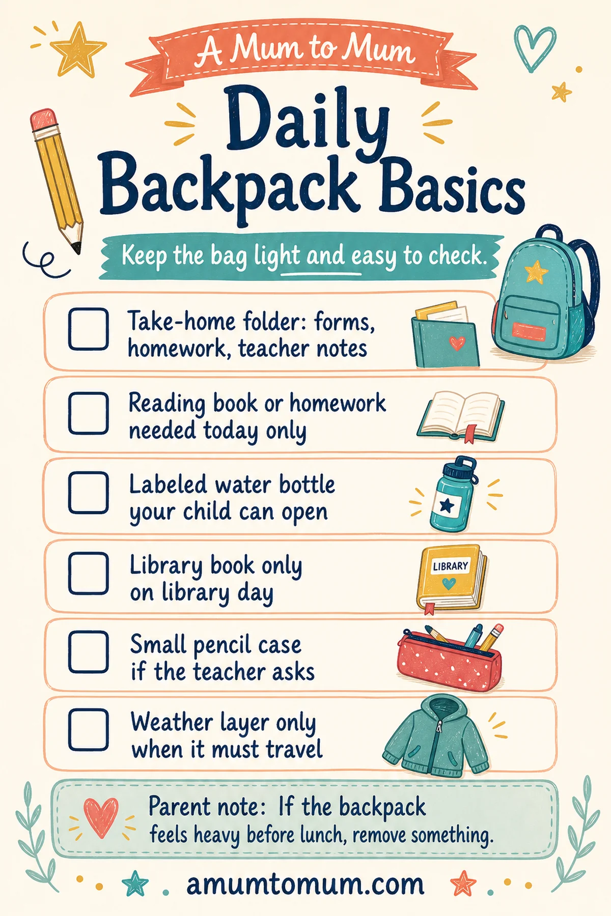 School Backpack Essentials for Elementary Kids 2 Daily backpack basics printable checklist for elementary school kids.
