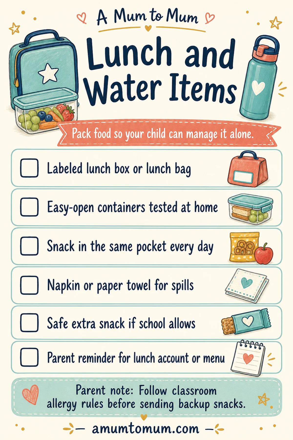 School Backpack Essentials for Elementary Kids 4 Lunch and water items printable checklist for elementary school backpacks.